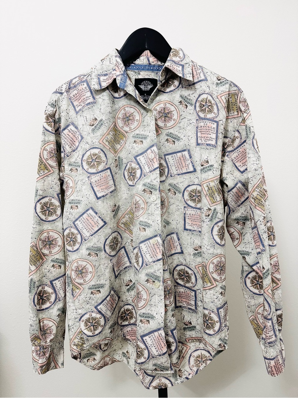 Vintage Dockers Map Print Button Down Shirt Small Travel Compass Nautical